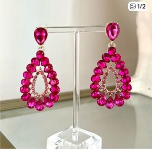 Pink Crystal Earrings Teardrop Shape Rhinestone Bling